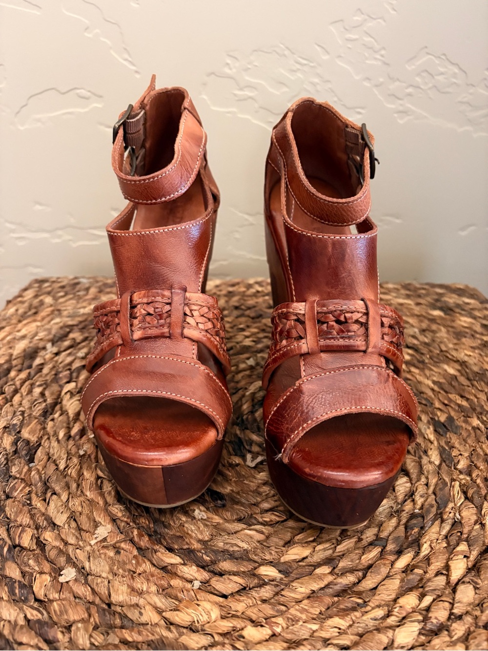 Bed-Stu Petra Brown Leather Woven Platform Sandals